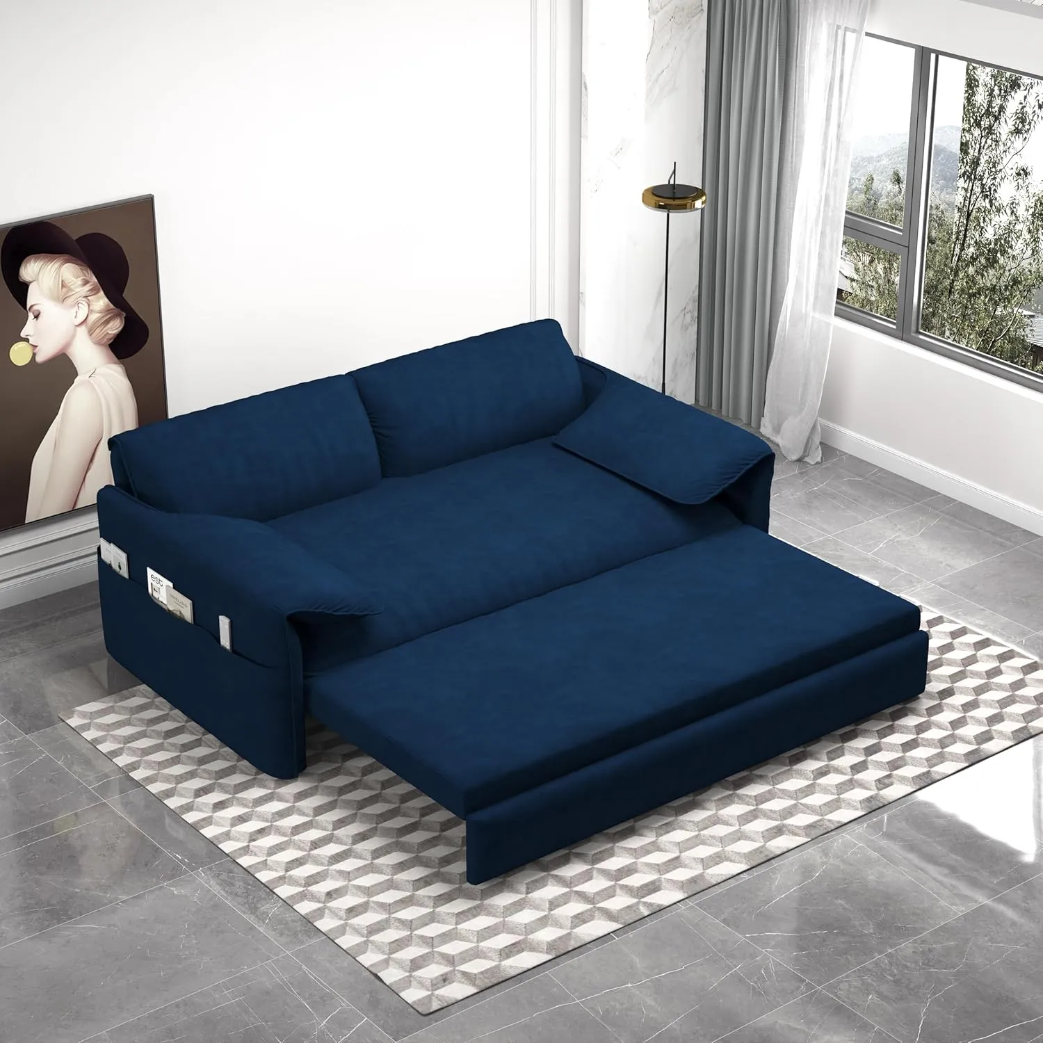 FANYE 63.8" W Living Room Queen Size Sofabed 3 in 1 Convertible Sleeper Sofa Lounge Chaise Daybed, Oversized Loveseat Sofa&Couch W/Pull Out Sleep Couch Bed and Pillow Armrests for Home Apartment