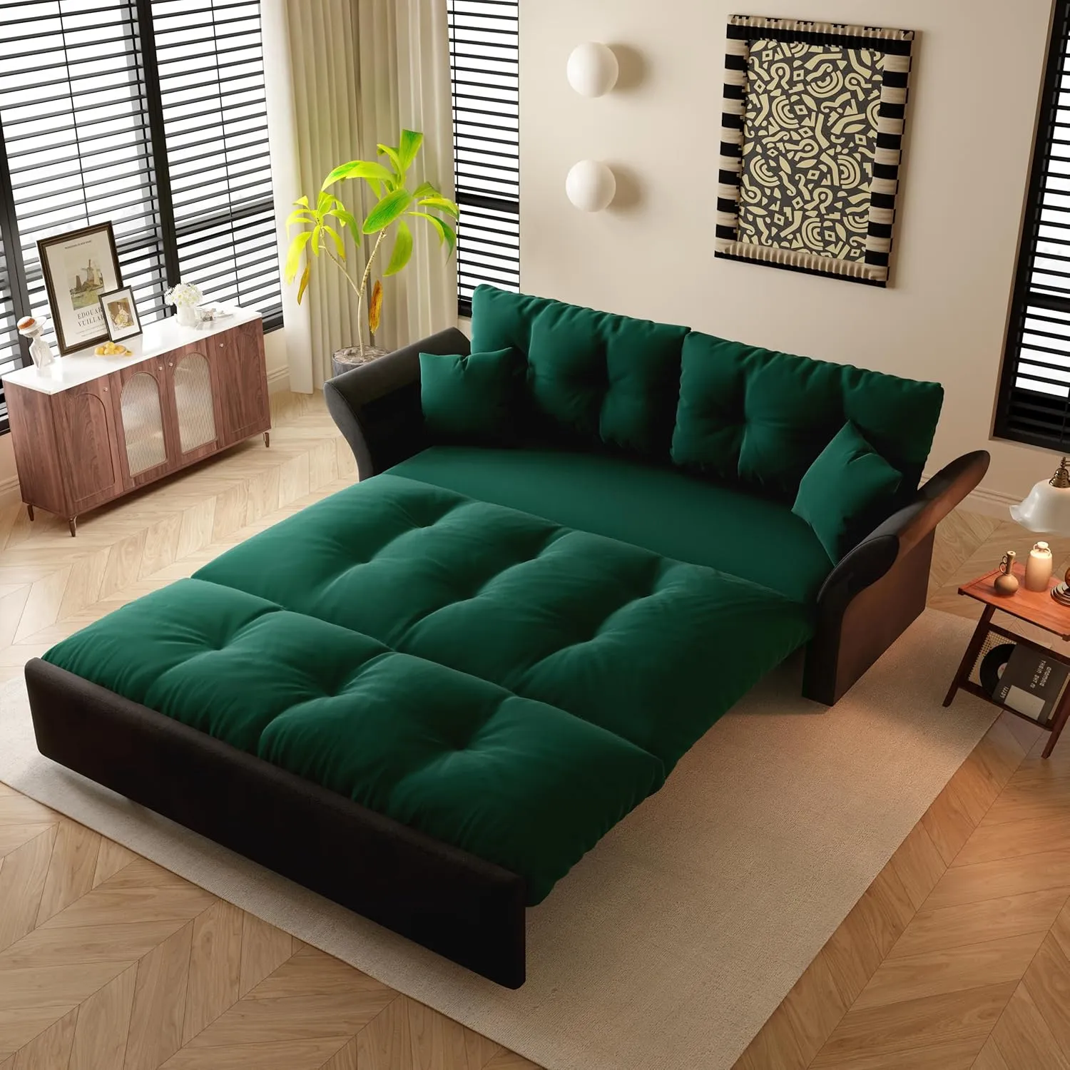FANYE 74.8" W Living Room Queen Size Sofabed 3 in 1 Convertible Sleeper Sofa Lounge Chaise Daybed, Oversized Loveseat Sofa&Couch W/Pull Out Sleep Couch Bed and Pillow Armrests for Home Apartment