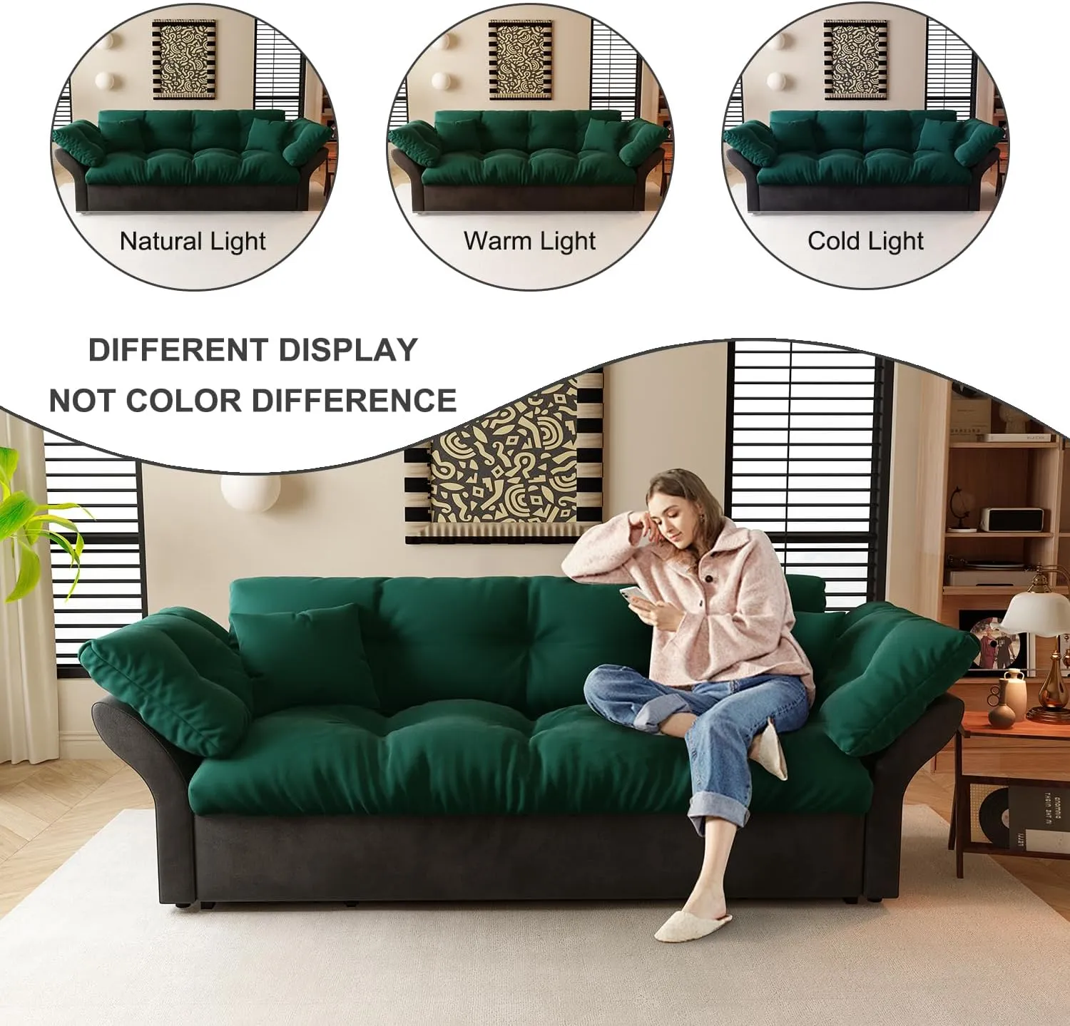 FANYE 74.8" W Living Room Queen Size Sofabed 3 in 1 Convertible Sleeper Sofa Lounge Chaise Daybed, Oversized Loveseat Sofa&Couch W/Pull Out Sleep Couch Bed and Pillow Armrests for Home Apartment