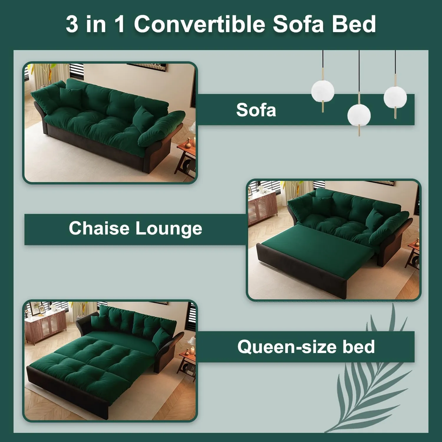 FANYE 74.8" W Living Room Queen Size Sofabed 3 in 1 Convertible Sleeper Sofa Lounge Chaise Daybed, Oversized Loveseat Sofa&Couch W/Pull Out Sleep Couch Bed and Pillow Armrests for Home Apartment