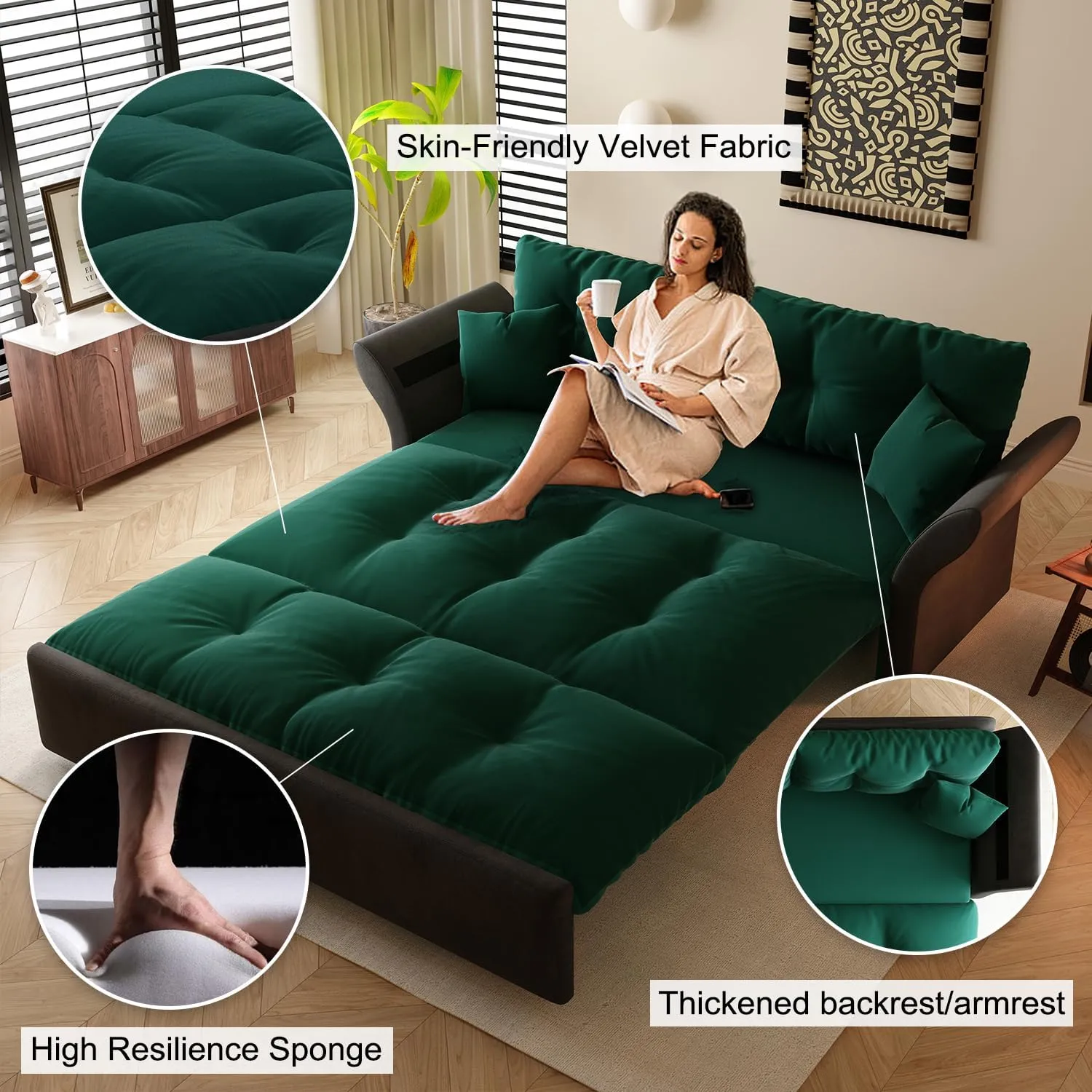 FANYE 74.8" W Living Room Queen Size Sofabed 3 in 1 Convertible Sleeper Sofa Lounge Chaise Daybed, Oversized Loveseat Sofa&Couch W/Pull Out Sleep Couch Bed and Pillow Armrests for Home Apartment