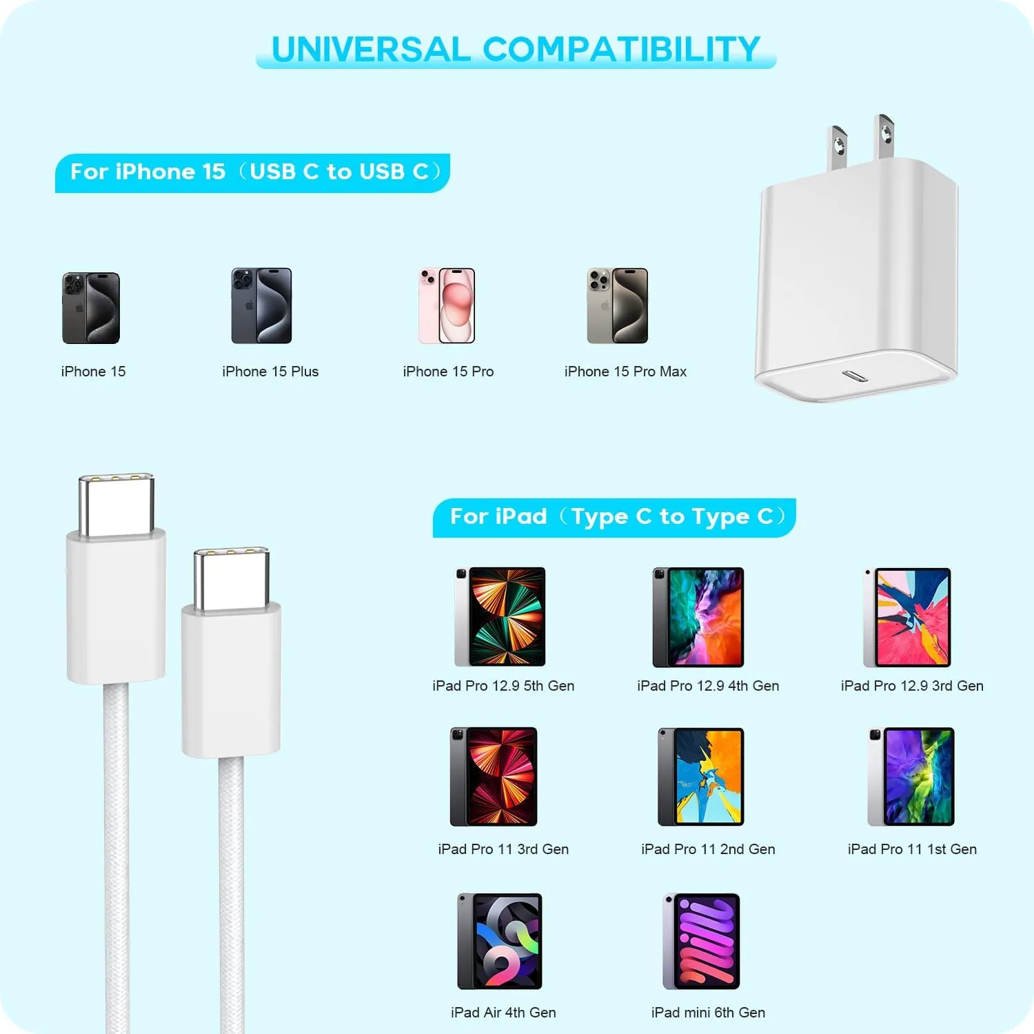 Fast iPhone 15 Charger,3Pack USB C iPad Charger[MFi Certified] PD Fast Charger Block 6FT Long USB C to C iPhone 15 Charging Cable for iPhone 15/15 Pro/15 Pro Max,iPad Pro 12.9/11inch, iPad Air 5th/4th