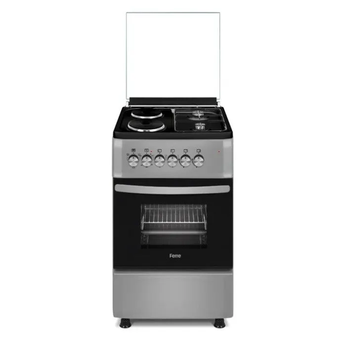 Ferre50 x 60 2 Gas 2 Elec Hob, FFD, Electric Oven, Enamel Grid, Glass Lid, Silver