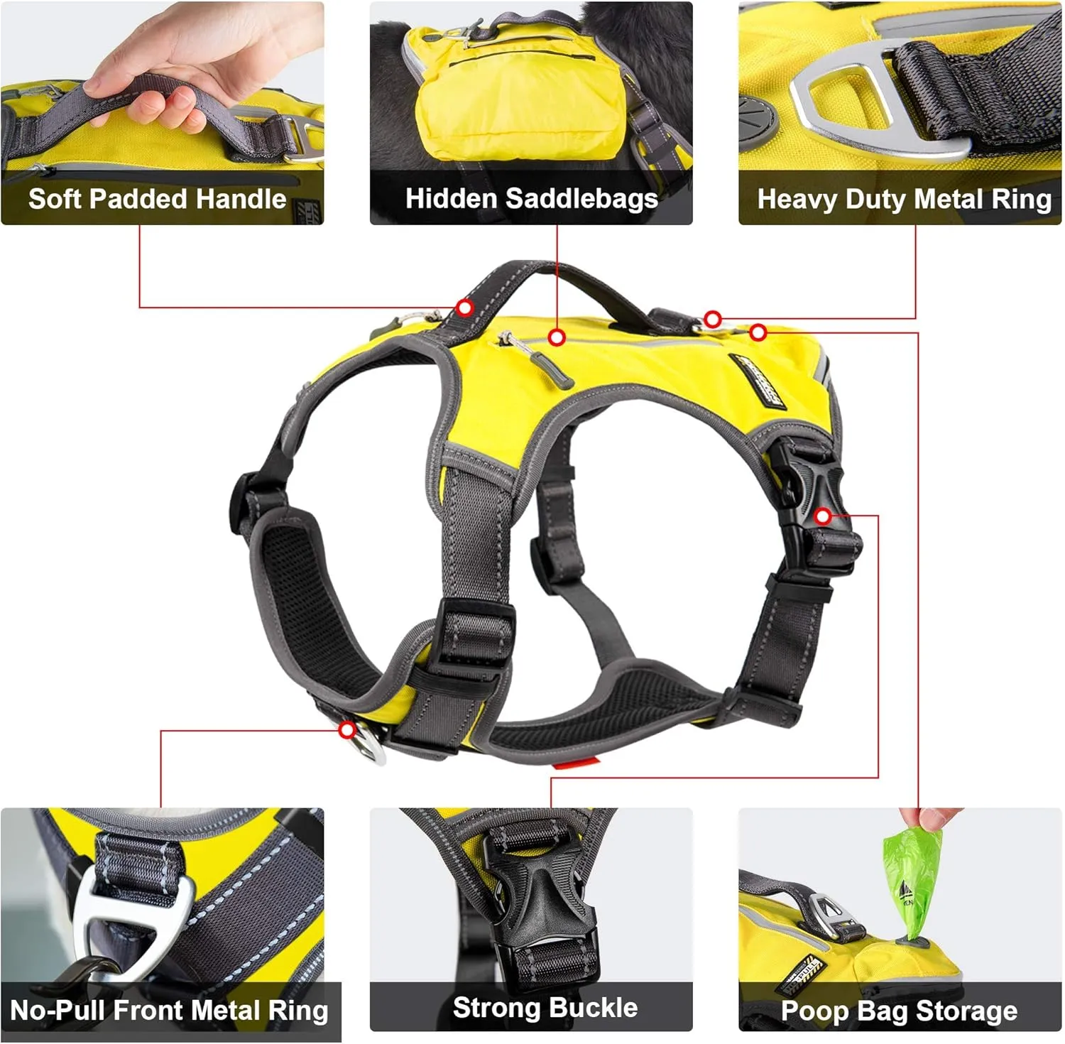 Fida Dog Harness, Multi-Functional No-Pull Pet Vest Harness with Saddle Bags Backpack, Front Leash Clip, Adjustable Soft Padded Reflective No-Choke Dog Vest Heavy Duty for Large Dog, L, Yellow