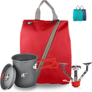 FINJAN Backpack Cooking Kit Camping Set Ultralight for 1 Person, EX Lite Blue/Turquoise/Red Coffee Pot, Portable Burner Stove, in a Water Resistant Carrying Sack Case. Small Light Compact for Boiling Water Coffee Tea
