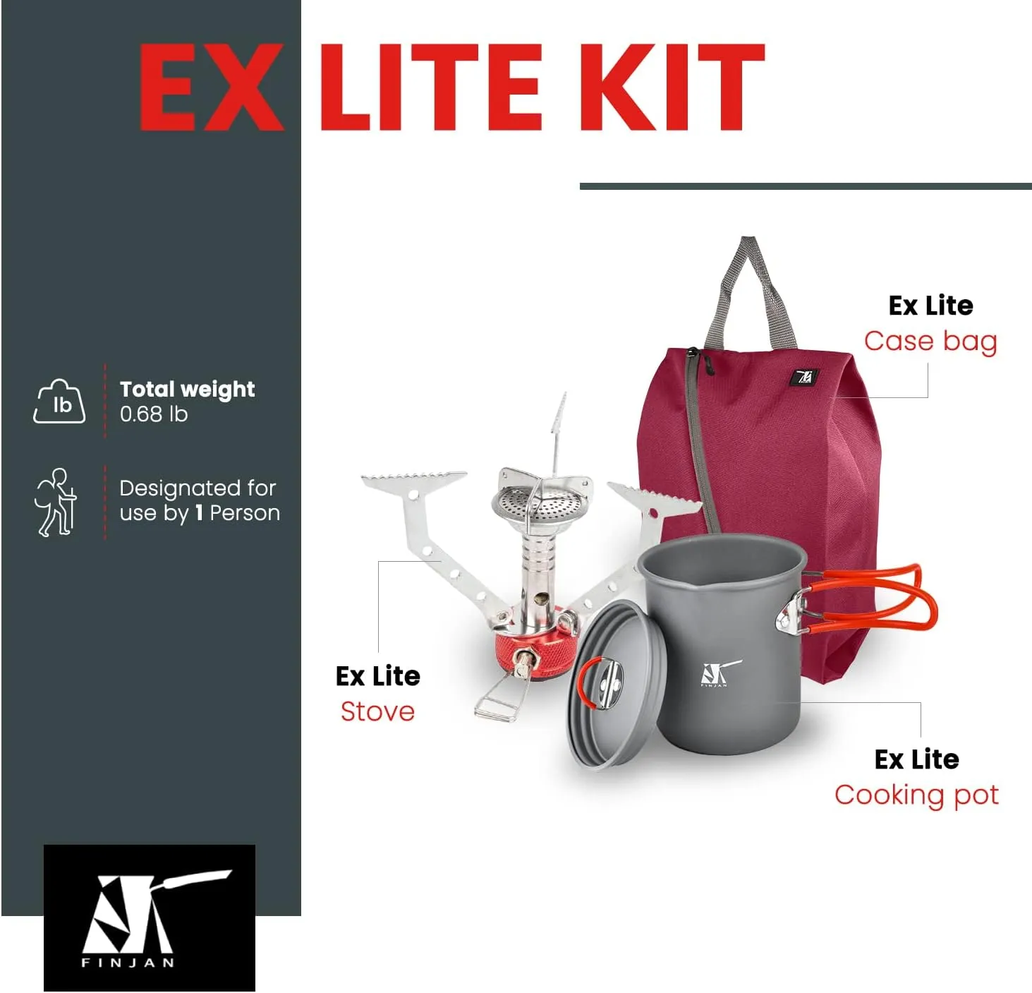 FINJAN Backpack Cooking Kit Camping Set Ultralight for 1 Person, EX Lite Blue/Turquoise/Red Coffee Pot, Portable Burner Stove, in a Water Resistant Carrying Sack Case. Small Light Compact for Boiling Water Coffee Tea