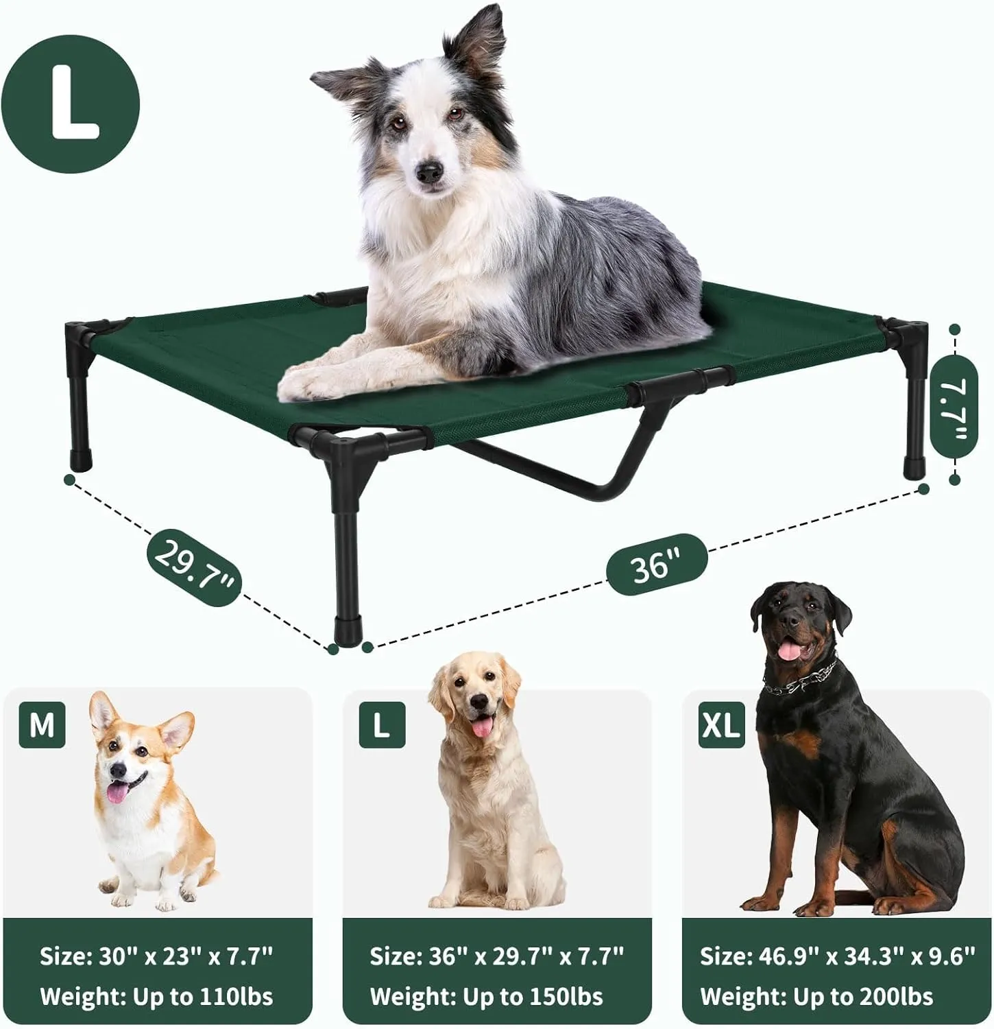 FIOCCO Elevated Dog Bed - Dog Cot with Chew Proof Mesh for X-Large Dogs, Waterproof Washable Raised Pet Bed, Portable Pet Bed for Outdoor Use, Dogs Cot Beds, Green