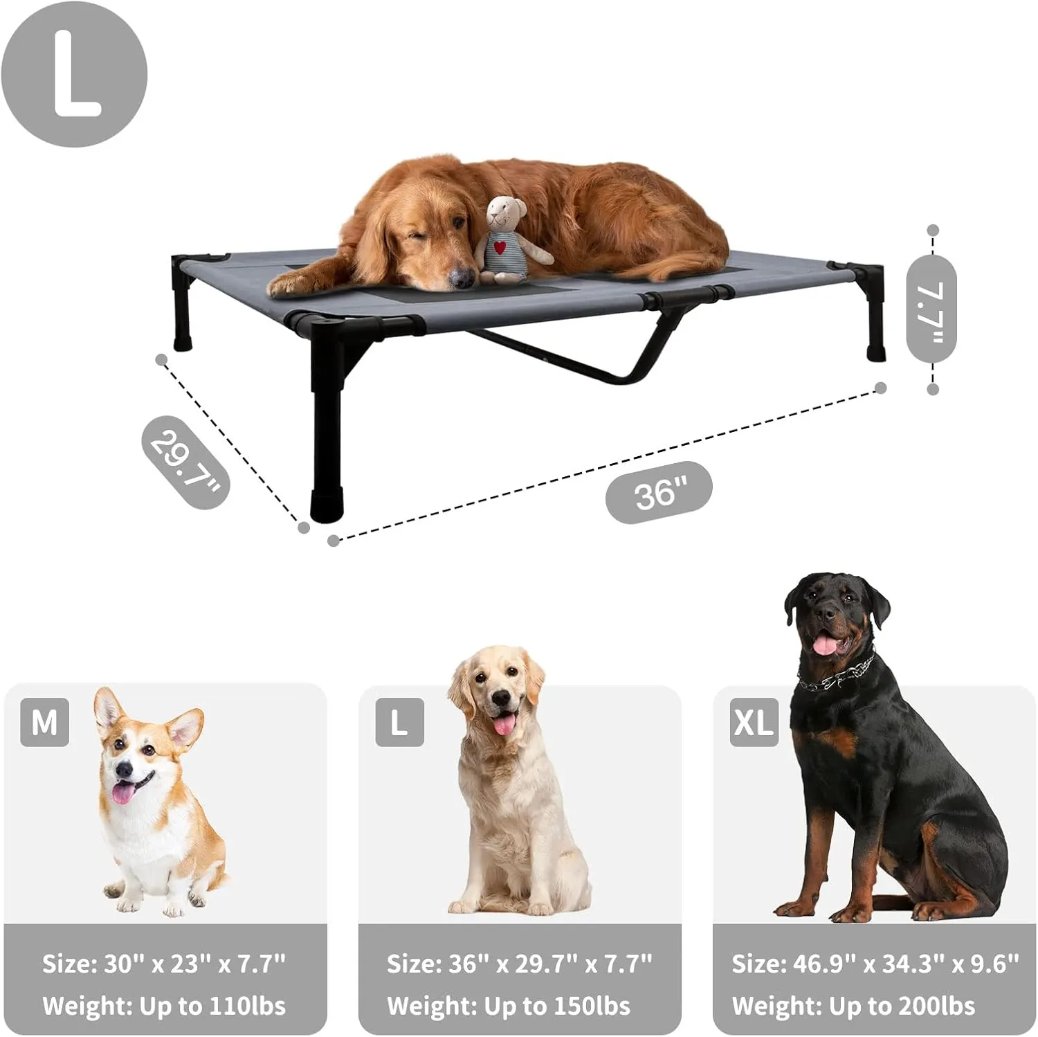 FIOCCO Elevated Dog Bed - Heavy Duty Dog Cot, Washable Raised Pet Bed with Chew Proof Mesh and Metal Frame, Portable Pet Bed for Outdoor Use, Dogs Cot Beds for for Large Dogs, Grey/Black Mesh
