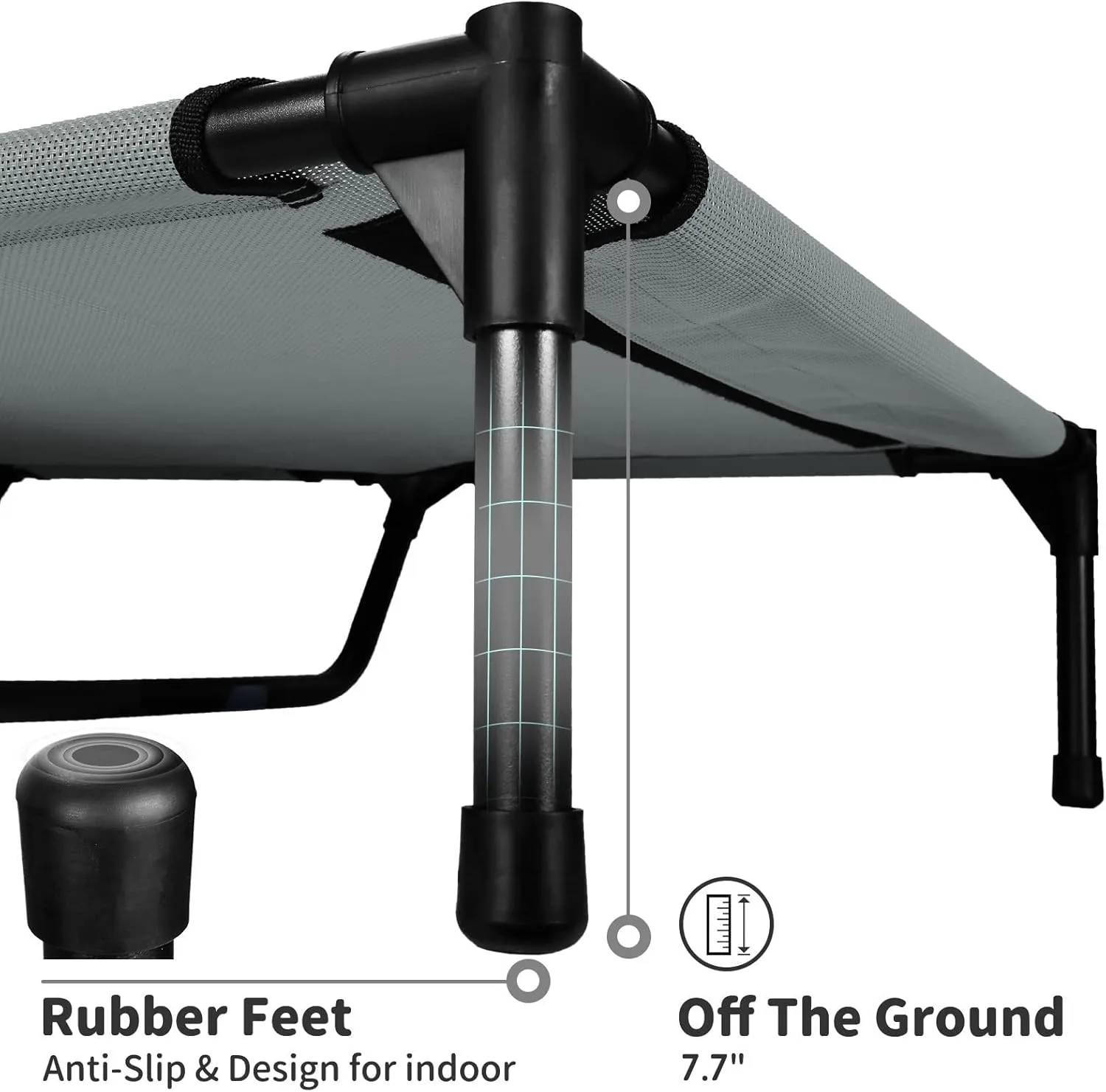 FIOCCO Elevated Dog Bed - Heavy Duty Dog Cot, Washable Raised Pet Bed with Chew Proof Mesh and Metal Frame, Portable Pet Bed for Outdoor Use, Dogs Cot Beds for for Large Dogs, Grey/Black Mesh