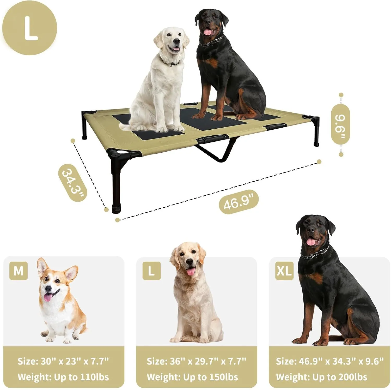 FIOCCO Elevated Dog Bed - Heavy Duty Dog Cot, Washable Raised Pet Bed with Chew Proof Mesh and Metal Frame, Portable Pet Bed for Outdoor Use, Dogs Cot Beds for Large Dogs, Agave Green/Black Mesh