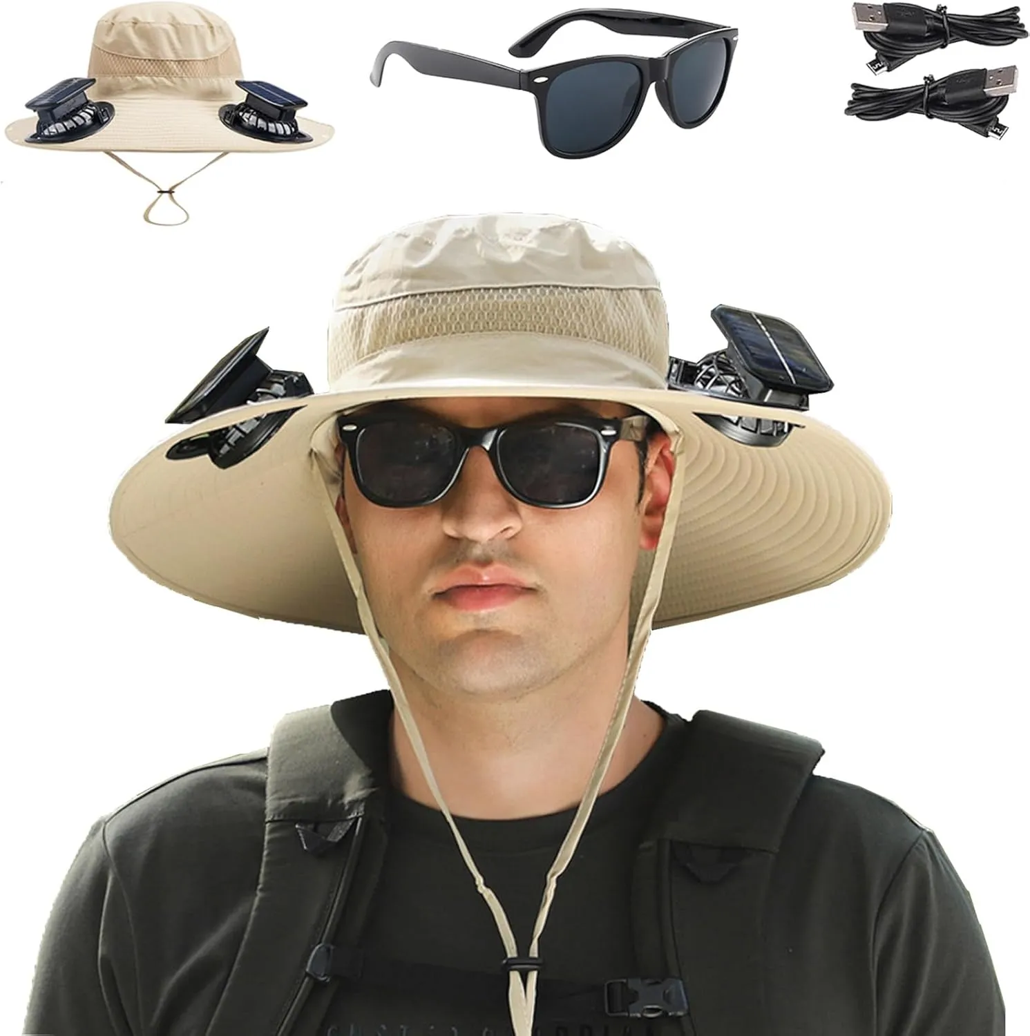 Fishing Hats with Sunglasses, Wide Brim Sun Hat with 2 Solar Fan, USB & Solar Powered Fishing Hats, Solar Fan Hats UPF 50 