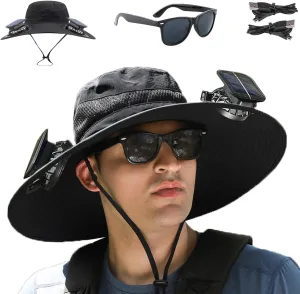 Fishing Hats with Sunglasses, Wide Brim Sun Hat with 2 Solar Fan, USB & Solar Powered Fishing Hats, Solar Fan Hats UPF 50 