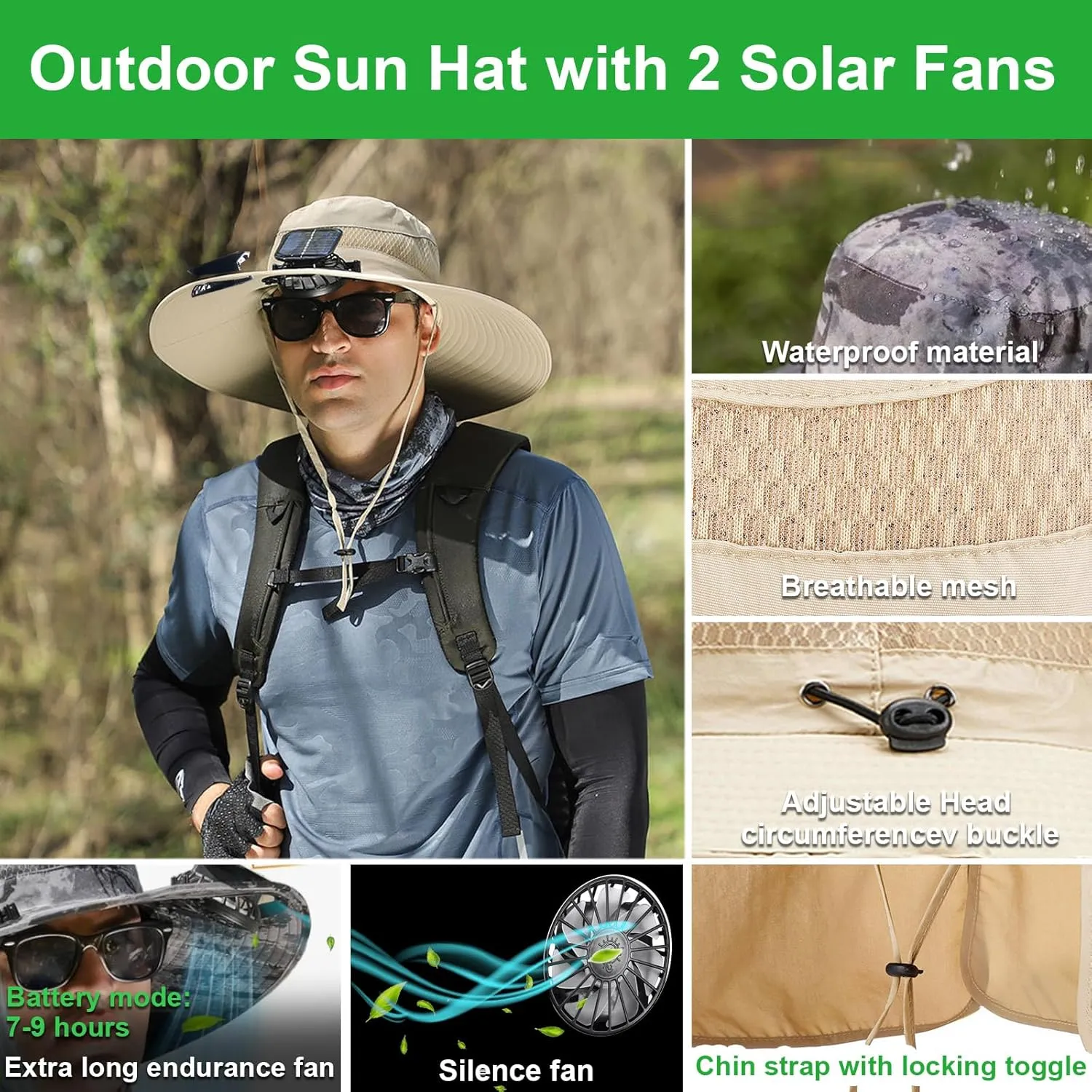 Fishing Hats with Sunglasses, Wide Brim Sun Hat with 2 Solar Fan, USB & Solar Powered Fishing Hats, Solar Fan Hats UPF 50 