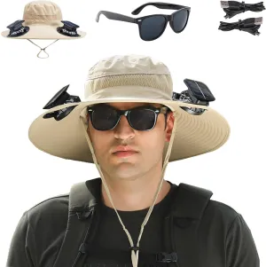 Fishing Hats with Sunglasses, Wide Brim Sun Hat with 2 Solar Fan, USB & Solar Powered Fishing Hats, Solar Fan Hats UPF 50 
