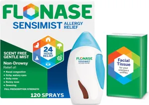 Flonase Sensimist Allergy Relief Nasal Spray - Non-Drowsy 24HR Long Lasting Allergy Relief with Fine, Scent-Free Mist - 120 Sprays Plus Bonus Pack of Tissues