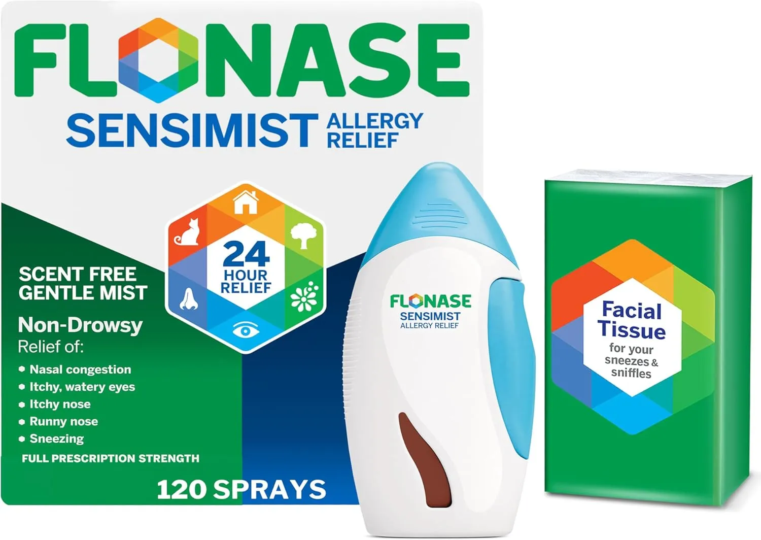 Flonase Sensimist Allergy Relief Nasal Spray - Non-Drowsy 24HR Long Lasting Allergy Relief with Fine, Scent-Free Mist - 120 Sprays Plus Bonus Pack of Tissues