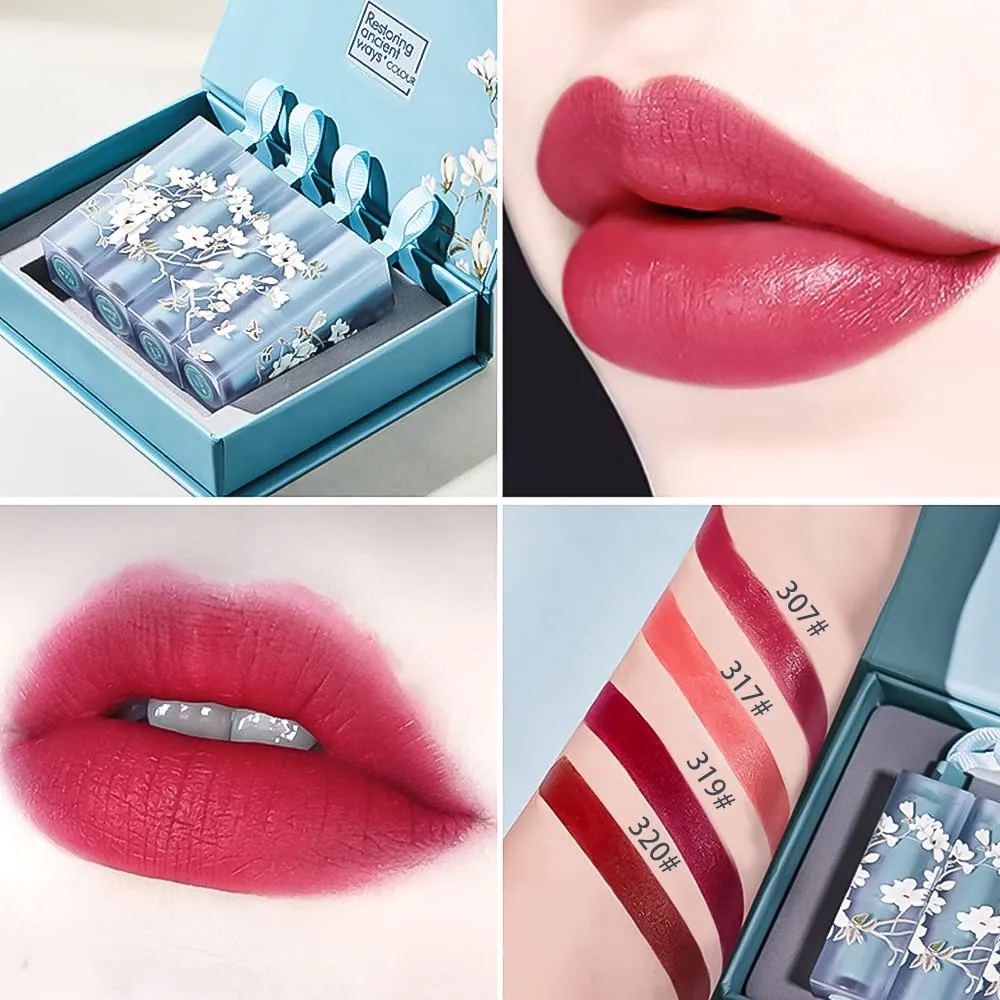 Flower Matte Lipstick Set, Lip Stain Makeup Kit 24 Hour Long Lasting Waterproof Matte Lipsticks Lip Gloss Sets for Women Labiales Matte Larga Duracion (Blue)