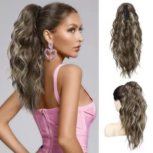 FLUFYMOOZ Wavy Curly Claw Clip Ponytail Extension, 18 Inch Natural Fake Ponytail Synthetic Hairpiece for Women (Medium Brown Ash Blonde)