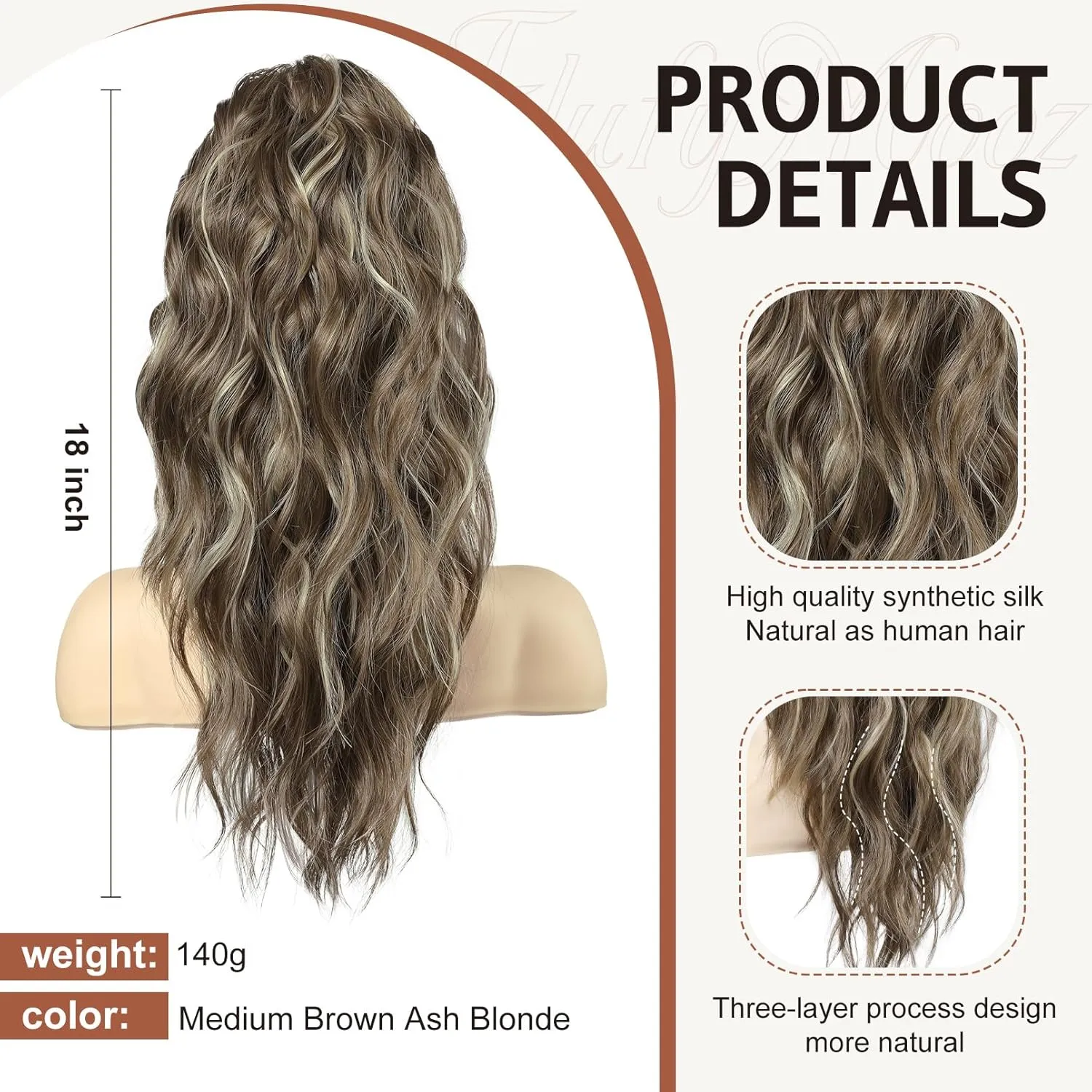 FLUFYMOOZ Wavy Curly Claw Clip Ponytail Extension, 18 Inch Natural Fake Ponytail Synthetic Hairpiece for Women (Medium Brown Ash Blonde)