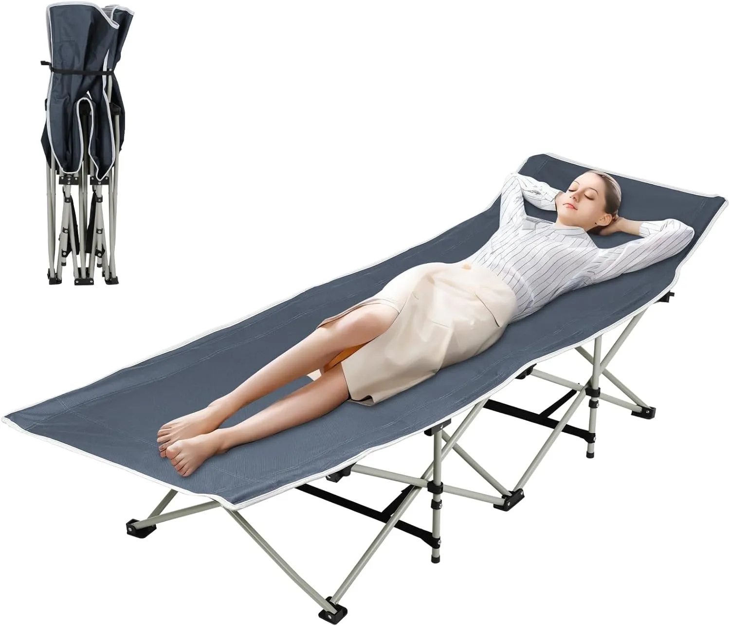 Foldable Camping Cot for Adult, Folding Chaise Lounge Chair for Indoor Outdoor Travel, Outdoor Sleeping Cot Bed，Adults Reclining Folding Chaise Black