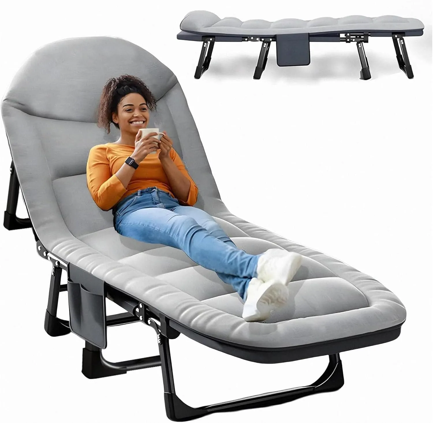 Foldable Camping Cot for Adults, 6 Adjustable Positions Sleeping Cots, Portable Folding Bed with Pillow, Heavy Duty Cot Bed for Camp, Travel, Room, Office (Grey, Large-74 in)