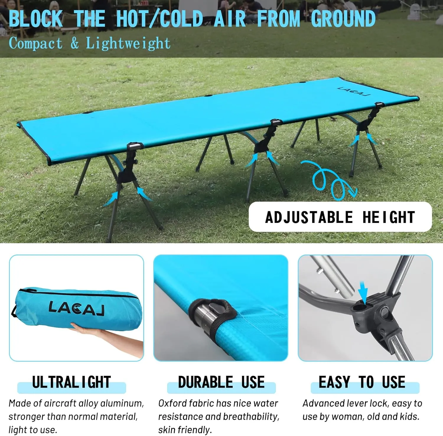 Foldable High/Low 2 Modes Camping Cot, with Extend Legs, Storage Bag, Ultralight & Durable Backpacking Travel Tent Cot, Max Loading Capacity 264lbs, Easy to use for Woman & Man
