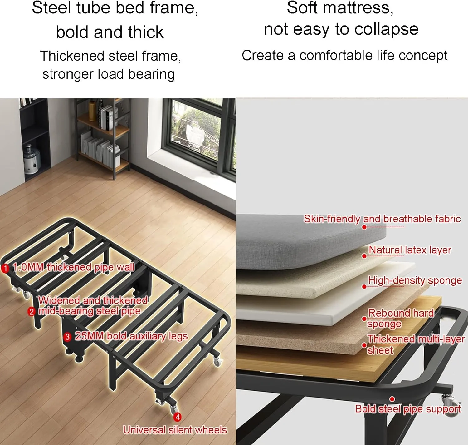 Folding Bed, Folding Camping Cot, Portable Foldable Bed with 6 Gears Adjustable, Heavy Duty Sleeping Cots with 8 Wheels, Fold Up Bed, Easily Bear 250KG, for Travel Outdoor Home Office(190x95cm/74.8x37