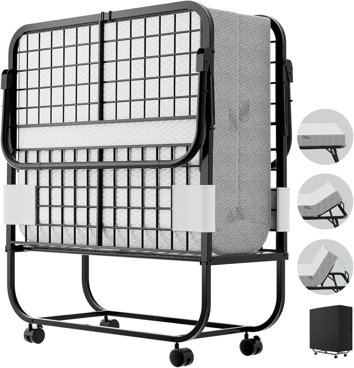 Folding Bed with Mattress for Adults, Portable Folding Bed with Adjustable Backrest, Cot Size Rollaway Bed with Memory Foam Mattress and Metal Frame on Wheels, Guest Bed, 75‘’ x 31‘’,Black