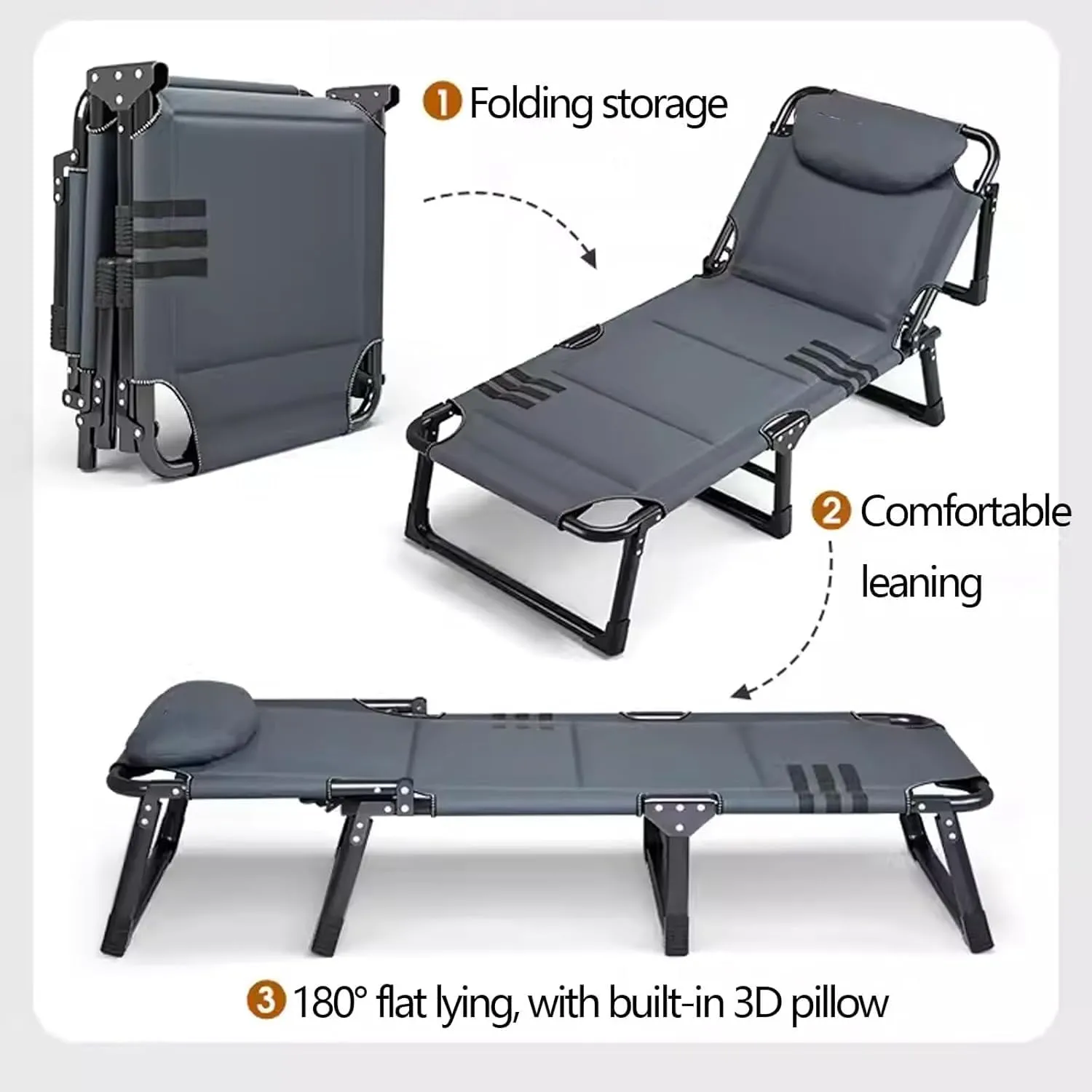 Folding Camping Bed 4-Level Adjustable Backrest Camping Cot with Pillow Lounge Chair Load 385lbs with Mattress Folding Cot