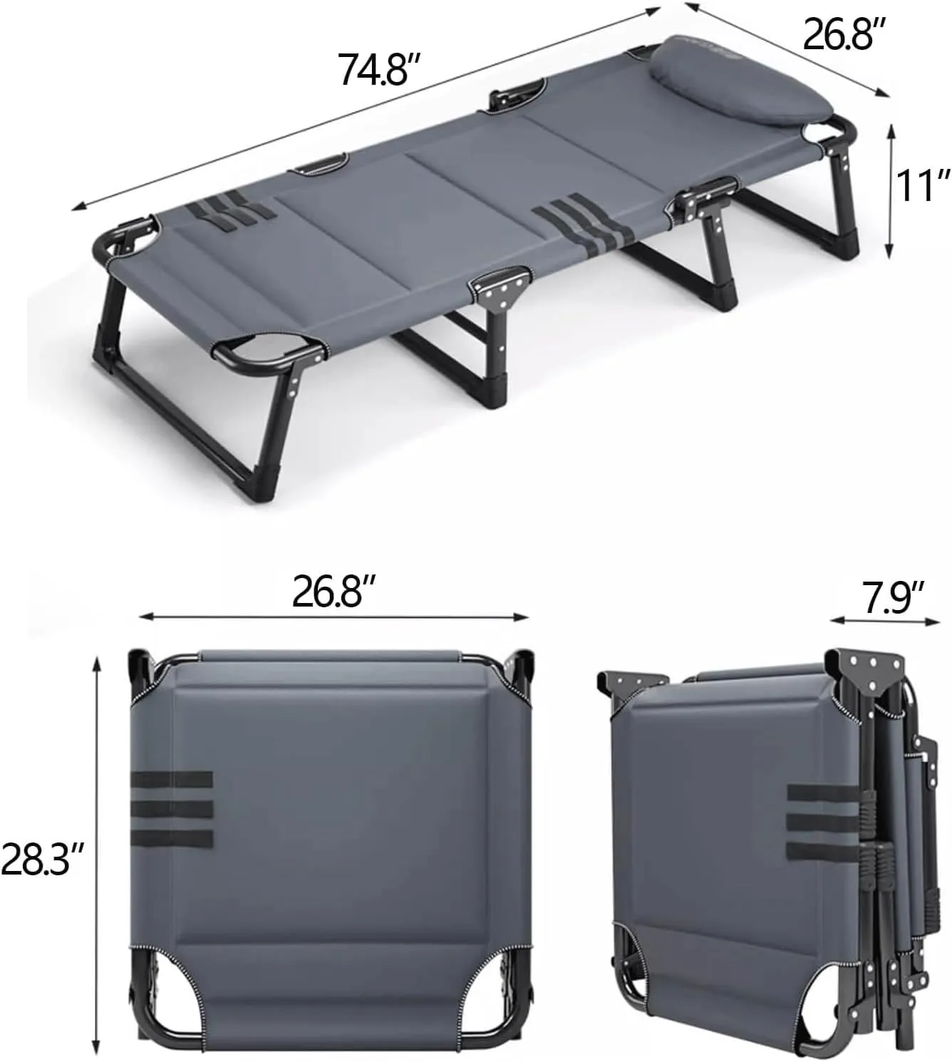 Folding Camping Bed 4-Level Adjustable Backrest Camping Cot with Pillow Lounge Chair Load 385lbs with Mattress Folding Cot