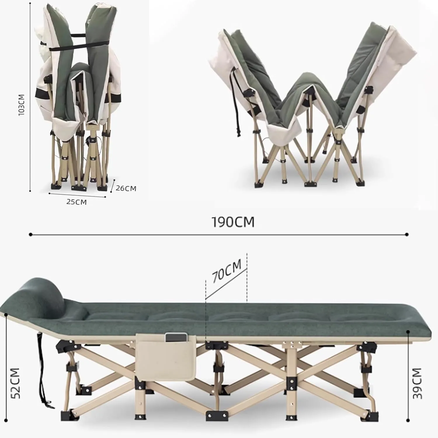 Folding Camping Beds for Adults, 70CM Extra Wide Heavy Duty Sturdy Sleep Bed Portable Strong Thicker Tubes Rollaway Bed for Outdoor Travel Office, Support 551lbs(Green)
