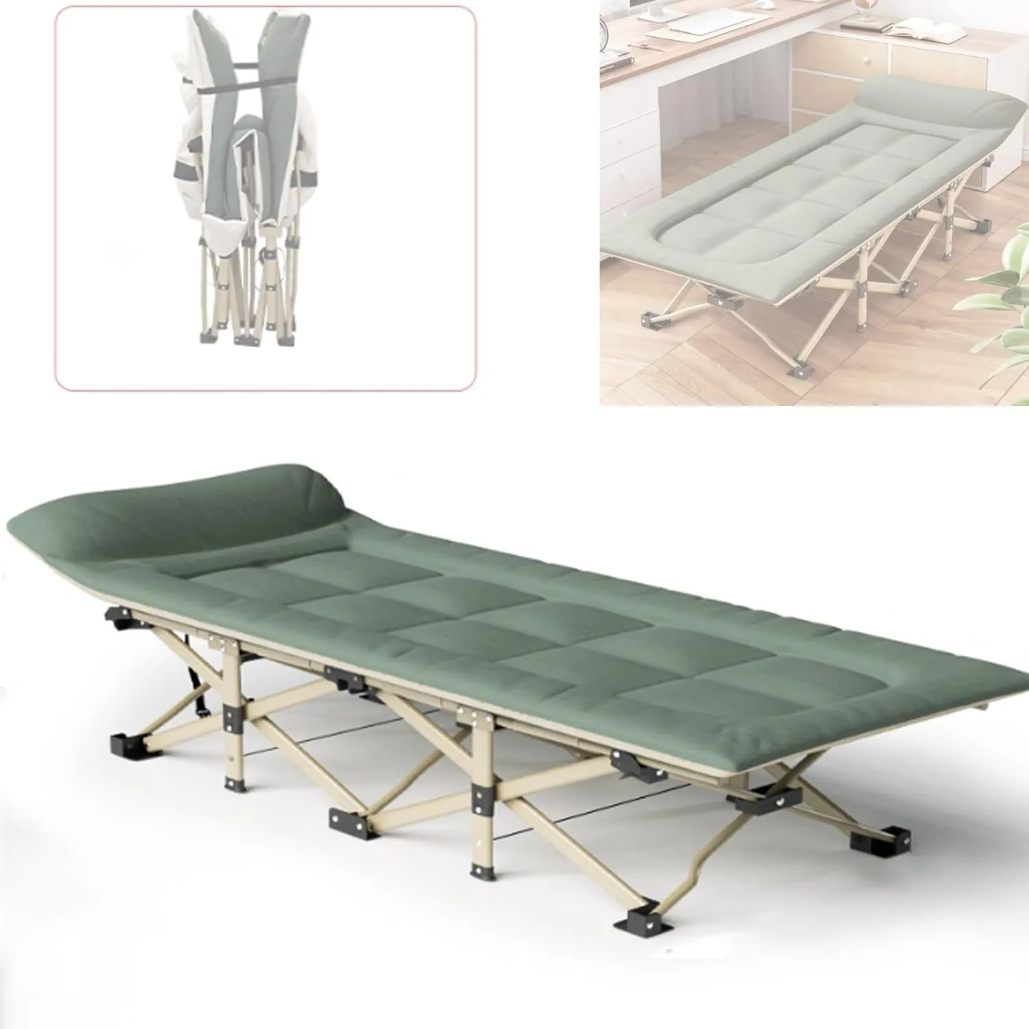 Folding Camping Beds for Adults, 70CM Extra Wide Heavy Duty Sturdy Sleep Bed Portable Strong Thicker Tubes Rollaway Bed for Outdoor Travel Office, Support 551lbs(Green)