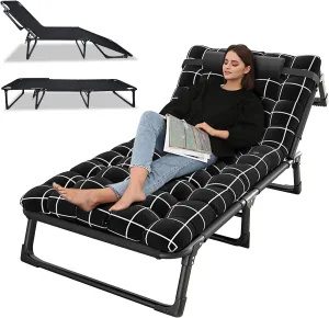 Folding Camping Cot, Adjustable 4-Position Adults Reclining Folding Chaise with Pillow, Oxford Portable Travel Cots 440 LBS(Max Load) for Home, Office Nap and Outdoor Beach 75cm