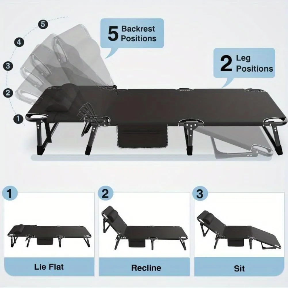 Folding Camping Cot, Adjustable 5 2 Positions Reclining Portable Outdoor Cot Heavy Duty Sleeping Bed Cots w/Pillow Mat Carry Bag, Chaise Lounge Chair (Black Cot Black Pad)