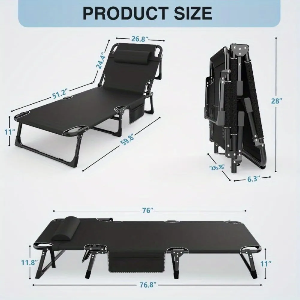 Folding Camping Cot, Adjustable 5 2 Positions Reclining Portable Outdoor Cot Heavy Duty Sleeping Bed Cots w/Pillow Mat Carry Bag, Chaise Lounge Chair (Black Cot Black Pad)