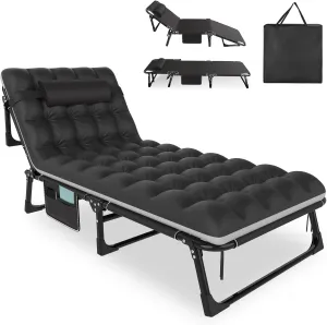 Folding Camping Cot, Adjustable 5 2 Positions Reclining Portable Outdoor Cot Heavy Duty Sleeping Bed Cots w/Pillow Mat Carry Bag, Chaise Lounge Chair (Black Cot Black Pad)