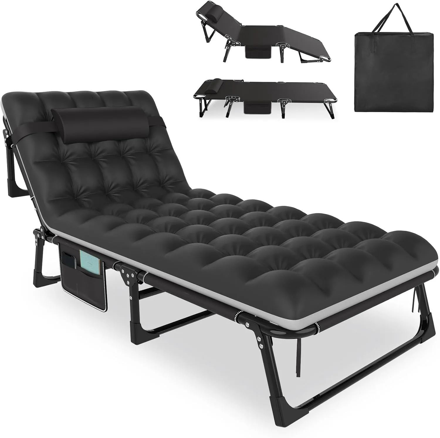 Folding Camping Cot, Adjustable 5 2 Positions Reclining Portable Outdoor Cot Heavy Duty Sleeping Bed Cots w/Pillow Mat Carry Bag, Chaise Lounge Chair (Black Cot Black Pad)