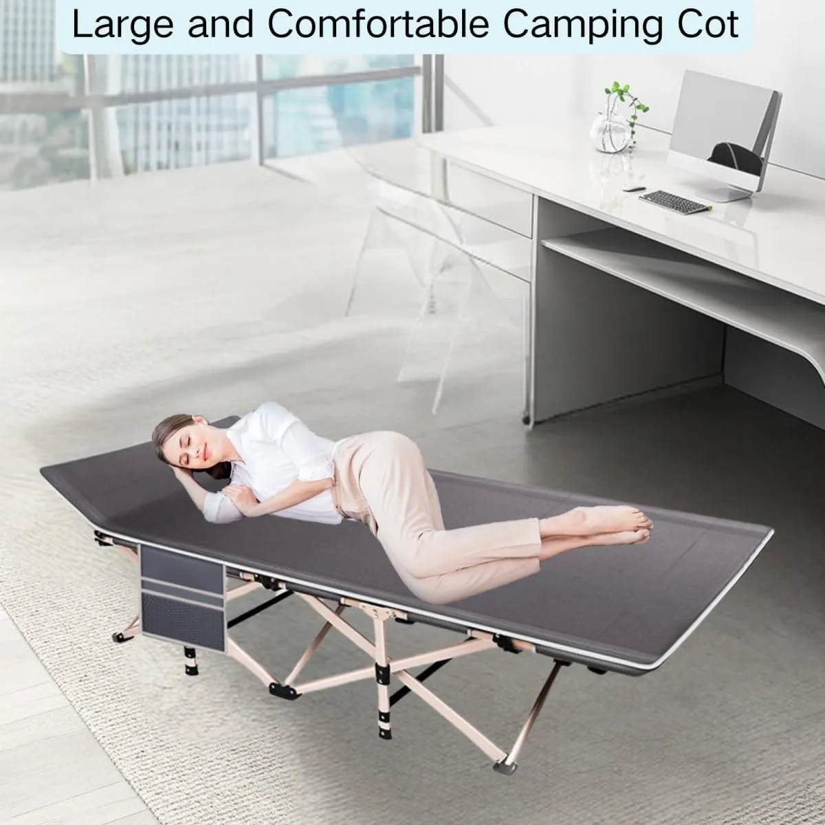 Folding Camping Cot for Adult, Camping Cot with Carry Bag and Side Pockets, Portable Camping Cot, Sleeping cot for Outdoor Trips, Camping, Beach Vacations(Cyan)
