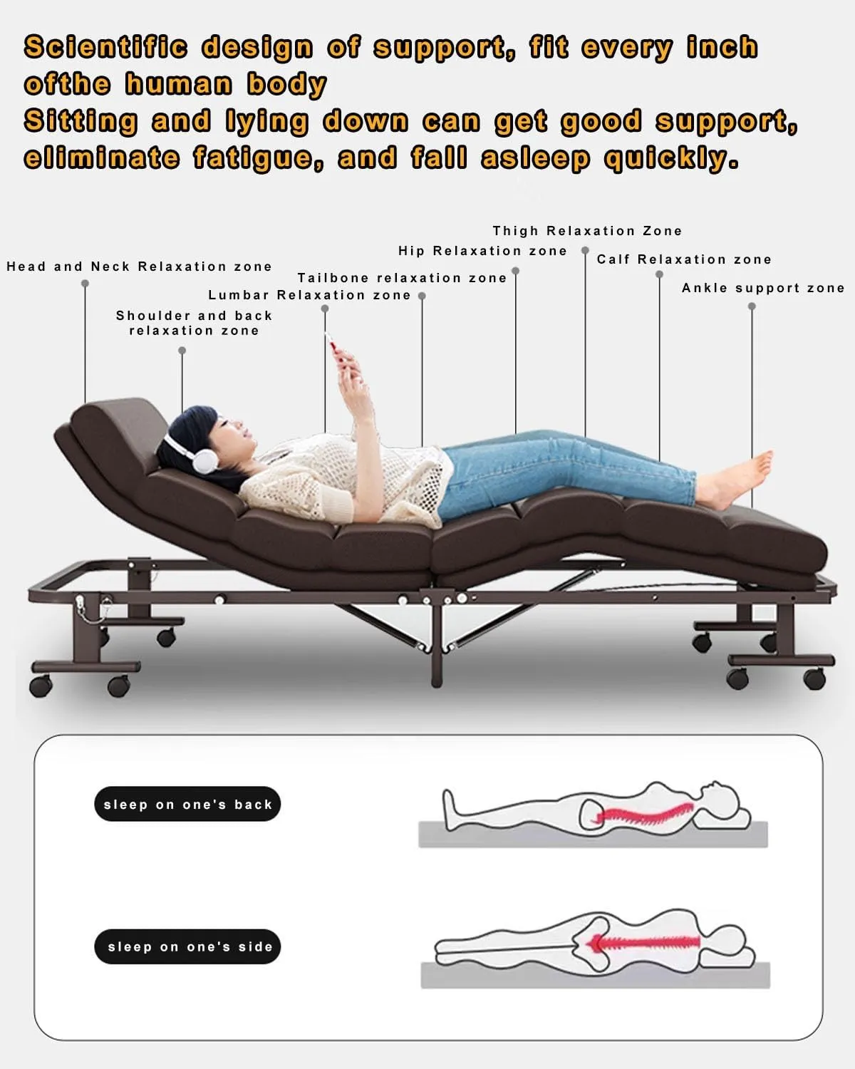 Folding Camping Cot for Adults, 6-Speed Adjustable Back，Heavy Duty Guest Bed with Adjustable Pillow, Sleeping Cots for Camping, Pool, Beach, Patio