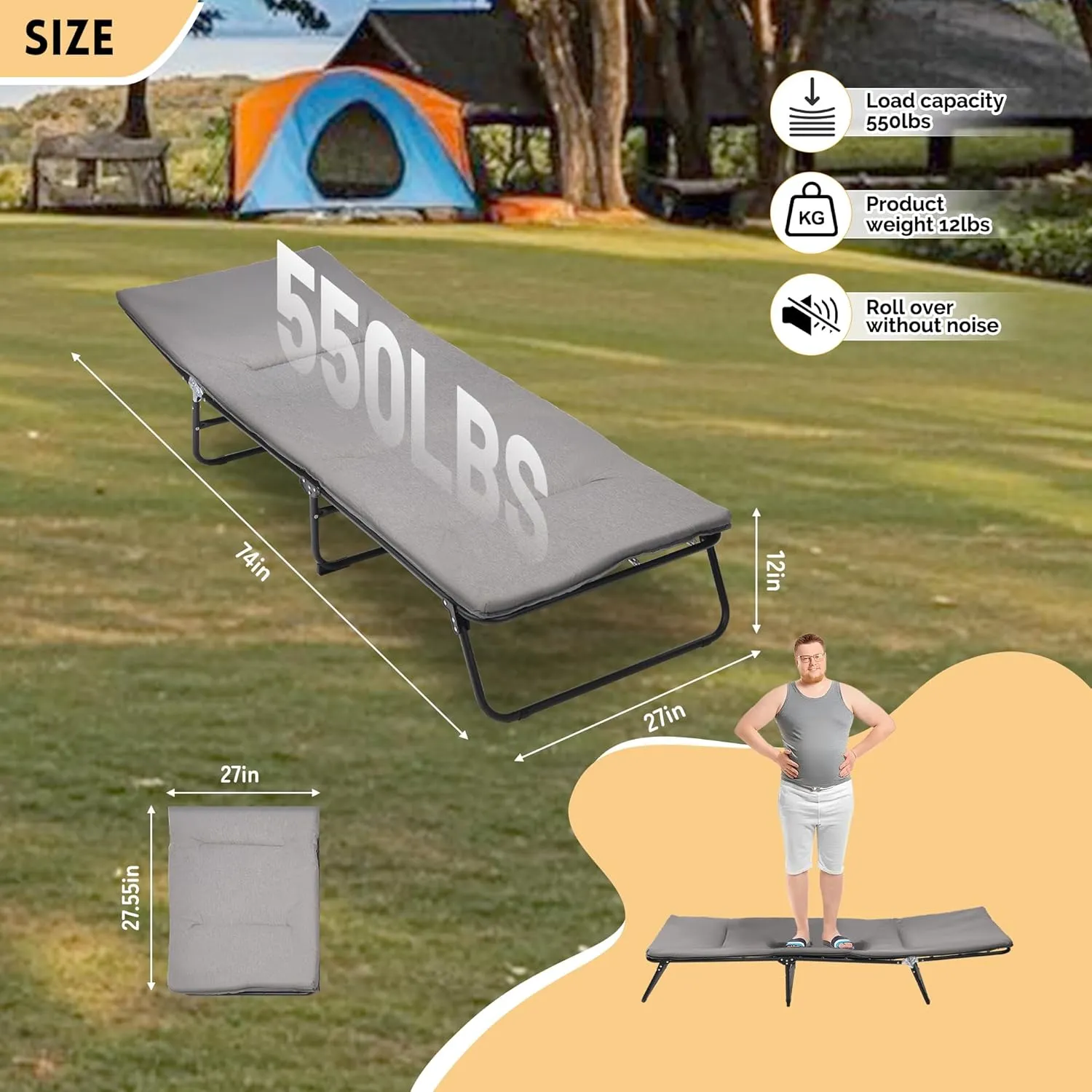 Folding Camping Cot for Adults Heavy Duty 5-Angle Adjustable Outdoor Bed with Carry Bag 1200D Oxford Travel Cot for Camping Hiking RV and Home Use (Grey)