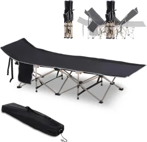 Folding Camping Cot for Adults with Carry Bag, Side Pocket, Outdoor Portable Sleeping Bed for Travel, Camp, Vacation, 330 lbs. Capacity, Black