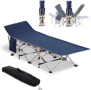 Folding Camping Cot for Adults with Carry Bag, Side Pocket, Outdoor Portable Sleeping Bed for Travel, Camp, Vacation, 330 lbs. Capacity, Blue