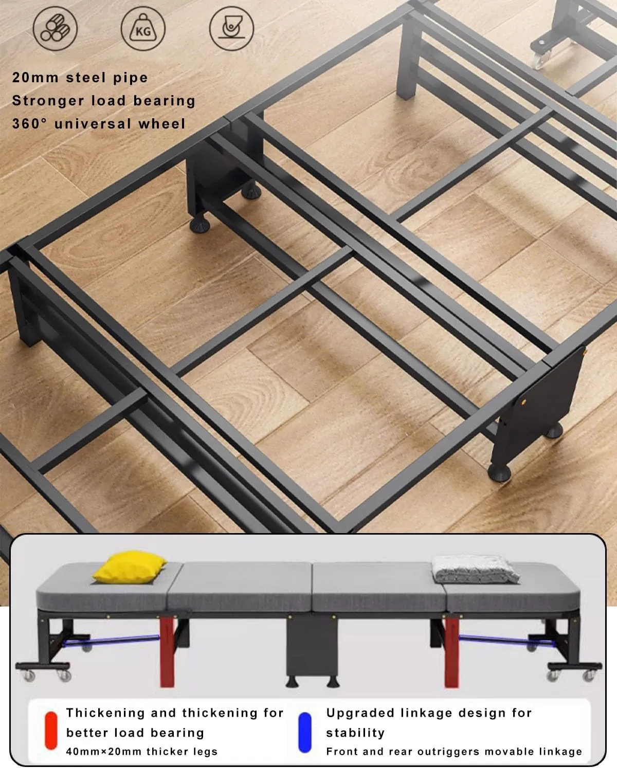 Folding Camping Cot with Mattress, 4-fold Folding Bed, Portable Foldable Bed with 8 Universal Pulleys, Space Saving, Extra Guest Bed for Home Office Nap Vocation Outdoor