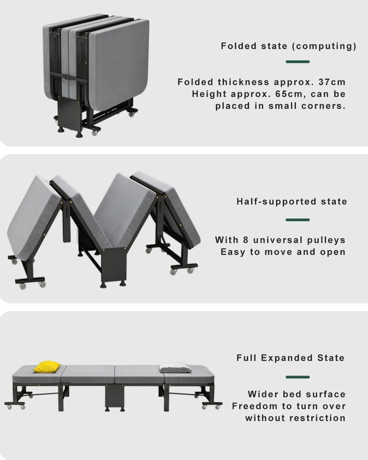 Folding Camping Cot with Mattress, 4-fold Folding Bed, Portable Foldable Bed with 8 Universal Pulleys, Space Saving, Extra Guest Bed for Home Office Nap Vocation Outdoor