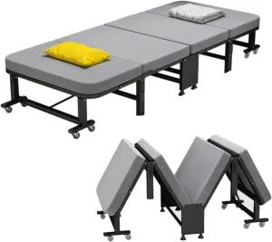 Folding Camping Cot with Mattress, 4-fold Folding Bed, Portable Foldable Bed with 8 Universal Pulleys, Space Saving, Extra Guest Bed for Home Office Nap Vocation Outdoor