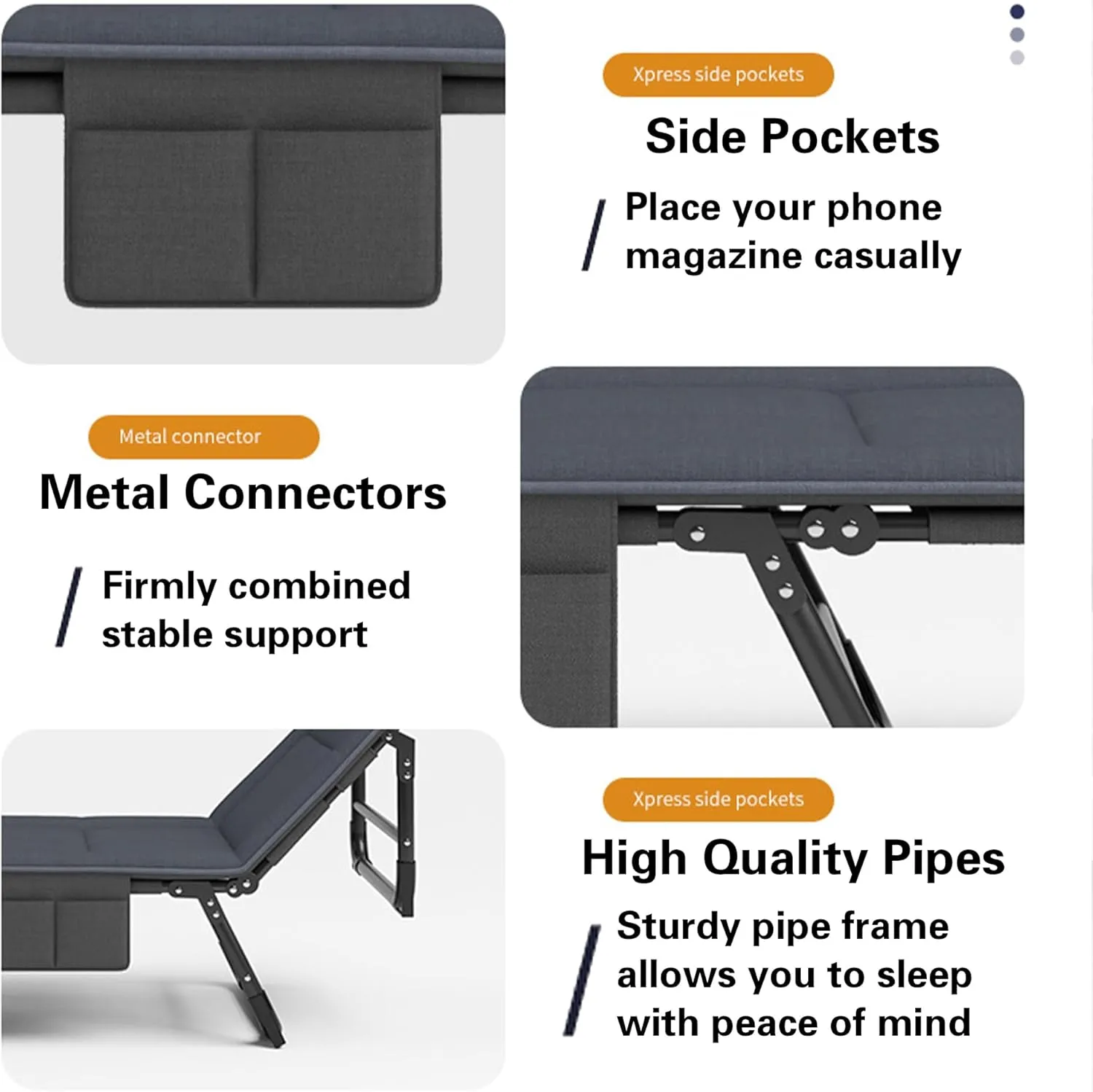 Folding Cot for Adults, Single Person Nap Lounge Chair, Portable and Easy Bed, 8 Adjustable Positions, for Camp, Travel, Room, Office, Home Nap (Grey)