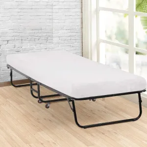 Folding Guest Bed Portable Camping Cot with Wheels,Portable Beds Frame Heavy Duty Extra Roll Away Foldaway Memory Foam Mattress for Spare Bedroom & Office,L75 x W30 x H12 in，White