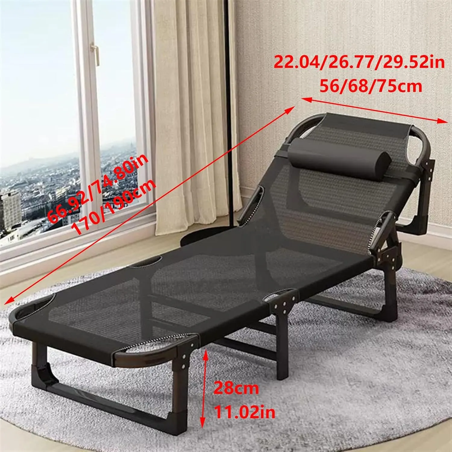 Folding Guest Chaise Lounge Bed, Breathable Polyester Mesh with Pillow, Portable Ergonomic Recliner Chair, No Assembly, for Home Office, Outdoor Camping(170 * 56 * 28cm)