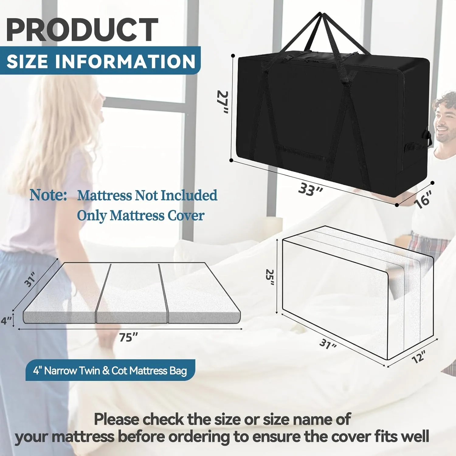 Folding Mattress Storage Bag,Trifold Memory Foam Mattress Carry Case,Portable Heavy Duty Mattress Moving Bag for Tri-Fold Guest Bed Mattress Fits 4" Narrow Twin & Cot Mattress