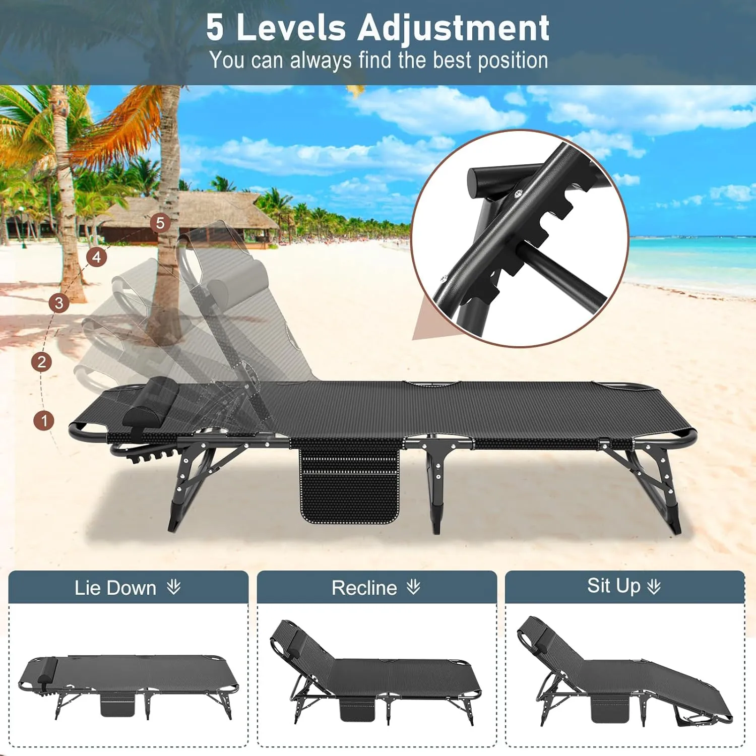 Folding Outdoor Chaise Lounge Chair, 5-Position Reclining Patio Chairs for Sun Tanning, Portable Sleeping Camping Cot for Adult, Sleeping Chair Perfect for Pool Beach Patio Lawn Sunbathing